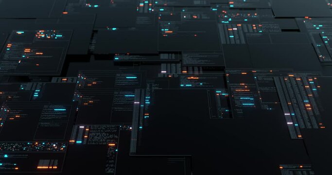HUD data User Interface. Programming source code abstract background. cyber technology futuristic data on a screen. Code, Numbers, Binary, Names. 3D render, 4K seamless loop.