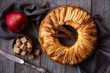 Homemade delicious apple pie with sliced apple and cinnamon