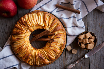 Homemade delicious apple pie with sliced apple and cinnamon