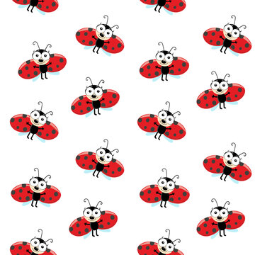 Ladybug Seamless Pattern. Summer cute background. funny flying ladybird beatle, cartoon character with big eyes on white background. textile print design, Wallpaper, packaging, decor.