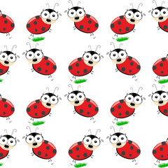 Ladybug Seamless Pattern. Summer cute background. textile print design on white background. funny ladybird beatle, cartoon character with big eyes.