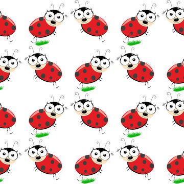 Ladybug Seamless Pattern. Summer cute background. textile print design on white background. funny ladybird beatle, cartoon character with big eyes.