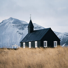 Búðakirkja black wooden church at Búðir, Snæfellsnes Peninsula, West Iceland.