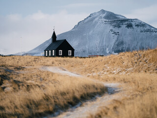 Búðakirkja black wooden church at Búðir, Snæfellsnes Peninsula, West Iceland.