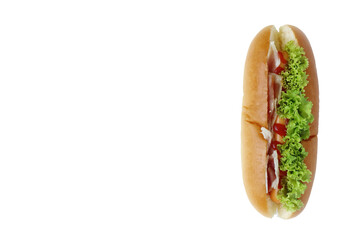 right side, Hot dog with lettuce bacon and ketchup on white background isolated. Sausage & bun