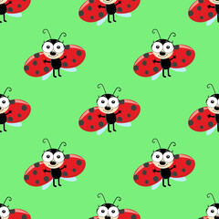 Fototapeta premium Ladybug Seamless Pattern on green background. Summer cute background. funny flying ladybird beatle, cartoon character with big eyes. textile print design, Wallpaper, packaging, decor.