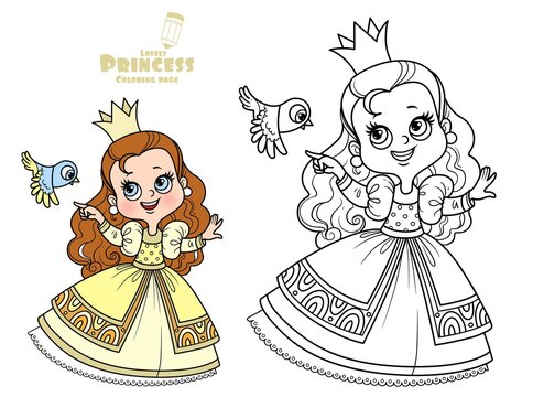 Cute princess in yellow dress with small bird outlined and color for coloring book