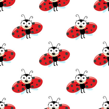Ladybug Seamless Pattern on white background. Summer cute background. funny flying ladybird beatle, cartoon character with big eyes. textile print design, Wallpaper, packaging, decor.