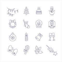 Set of linear Christmas icons, Christmas symbols, Christmas tree, Candle, Snowman, Garlands, Decorations, Linear icons on a festive theme of New Year and Christmas, Winter icons, Vector linear icons.