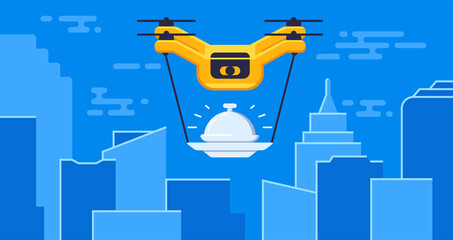 Air drones delivery with parcel flying in city, between skyscrapers concept vector illustration