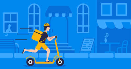 Courier with package using electric scooter on street blue background for delivery concept online delivery   © garikprost