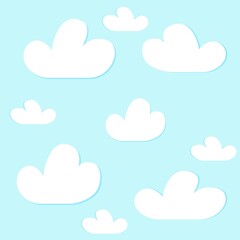 White clouds with a paddle on a background of blue sky, cute baby print with light white clouds, the pattern for children's things, colored skies, gentle print of clear sky