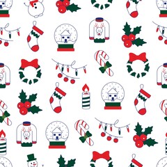 Christmas pattern candle, gift sock, holly,snowman, Seamless pattern with Christmas and New Year icons, Christmas present, Merry Christmas and New Year, vector illustration in flat style.