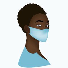 African American woman in medical mask - isolated white background - vector. Protective measures.