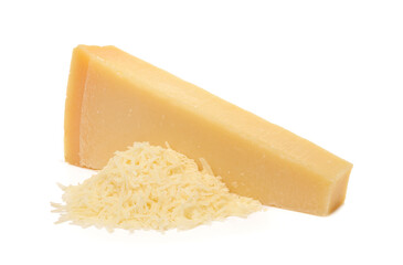 Whole and grated italian hard cheese Grana Padano or Parmesan isolated on white background. Delicious ingredient for pizza, sandwiches, salads.