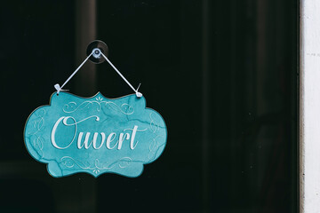 Tableau au style baroque avec texte blanc ouvert sur la porte d'une boutique	