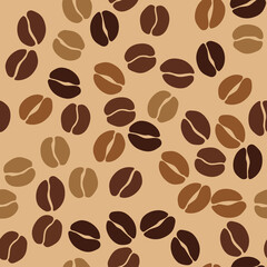 Coffee beans seamless pattern. Seeds of coffee randomly placed on  background. Wrapping repeating texture. Vector design illustration. High quality print for your menu, bar, cafe, restaurant.