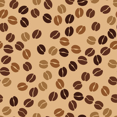 Coffee beans seamless pattern. Seeds of coffee randomly placed on  background. Wrapping repeating texture. Vector design illustration. High quality print for your menu, bar, cafe, restaurant.