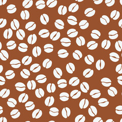 Coffee beans seamless pattern. Seeds of coffee randomly placed on  background. Wrapping repeating texture. Vector design illustration. High quality print for your menu, bar, cafe, restaurant.