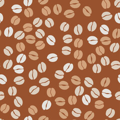 Obraz premium Coffee beans seamless pattern. Seeds of coffee randomly placed on background. Wrapping repeating texture. Vector design illustration. High quality print for your menu, bar, cafe, restaurant.