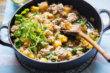 Pork spring onion, pineapple stir fry with coriander 