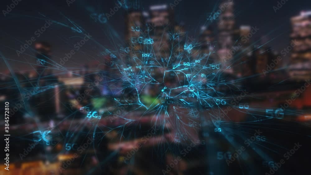 Poster 5g connection web spreading in a city - 3d motion graphics animation - downtown los angeles backgrou