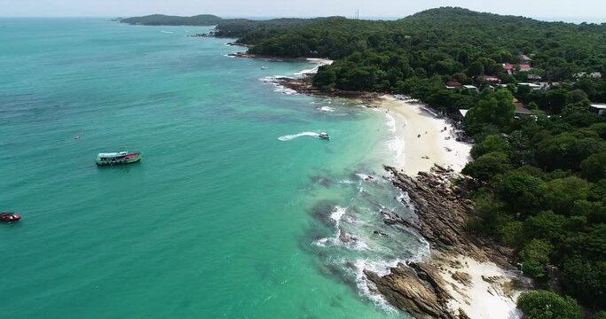 Thailand - Boats off Coast of Tropical Beach Resort in Ko Samet, Aerial Drone