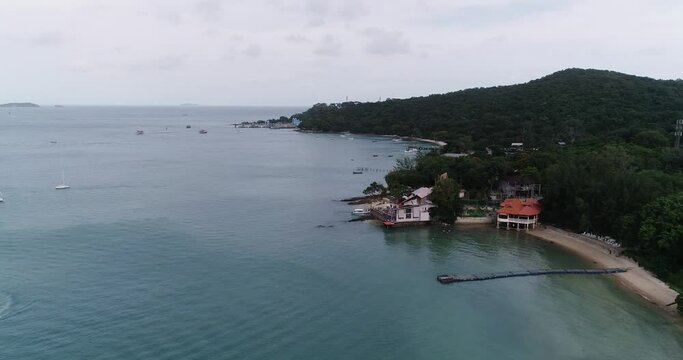 Tropical Resort Beach Houses on Ko Samet Island in Thailand, Aerial Flying View