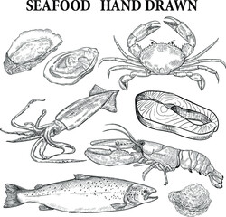 Collection of seafood hand drawn vector illustration.