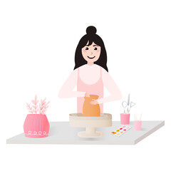 Cute woman making vase on pottery wheel, handmade clay pot, ceramic craft master, decorating pot on white background in cartoon style