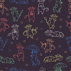 Seamless pattern with multi-colored contours of funny cows