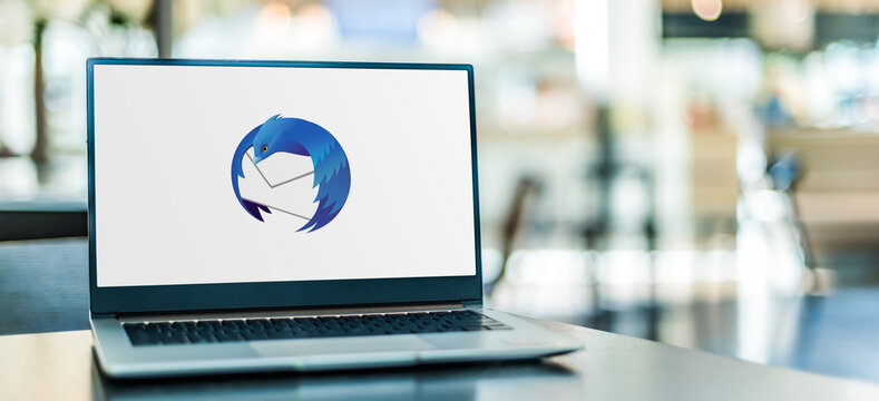 Laptop computer displaying logo of Mozilla Thunderbird