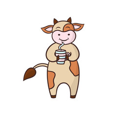 Funny cow drinking coffee or tea from a mug