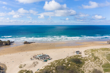 Aerial photograph of Perranporth Beach nr Newquay, Cornwall, England.