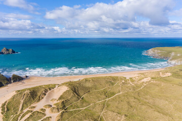 Aerial photograph of Holywell Beach nr Newquay, Cornwall, England.