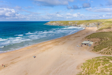 Aerial photograph of Holywell Beach nr Newquay, Cornwall, England.