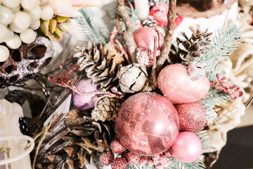 christmas card with christmas tree and decorations