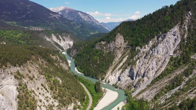 Aerial footage of the so called Grand Canyon of Switzerland in canton Graubunden near Films in the alps. Shot with a rotation motion