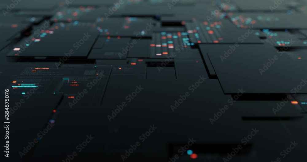 Poster Abstract digital motion abstract matrix. Screen grid in cyber space environment. Scrolling programming code, security hacking, data flow stream displays. 3D render, 4K seamless loop