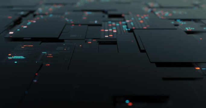 Abstract digital motion abstract matrix. Screen grid in cyber space environment. Scrolling programming code, security hacking, data flow stream displays. 3D render, 4K seamless loop