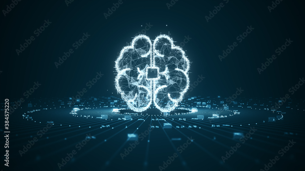 Poster technology artificial intelligence (ai) brain animation digital data concept. big data flow analysis