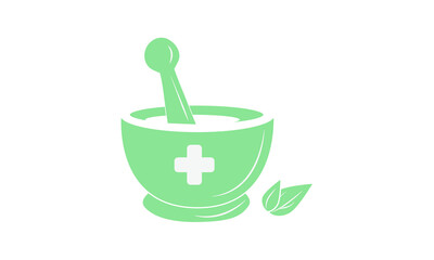 Pharmacy icon. Herbal pharmacy symbol. Linear illustration of mortar icon with bowl, ground spices, spice solution, condiments, spice bowl, ground spices.