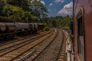 The view as a train pulls away from Peradeniya railway station Kandy, Sri Lanka, Asia