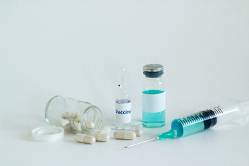 Syringe medicine tubes and antibiotic designed on white surface.Medical concept