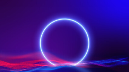 Sci Fi Modern Futuristic Circle Neon Circle Shaped  Blue Glow Light in red blue particle background.3D Rendering