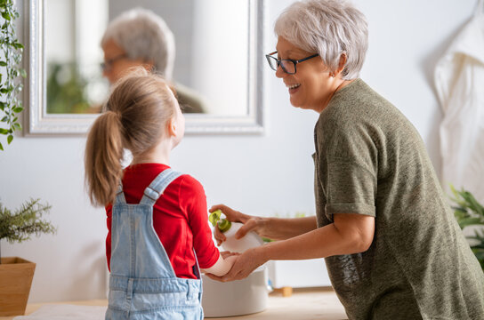 girl and her grandmother are washing hands
