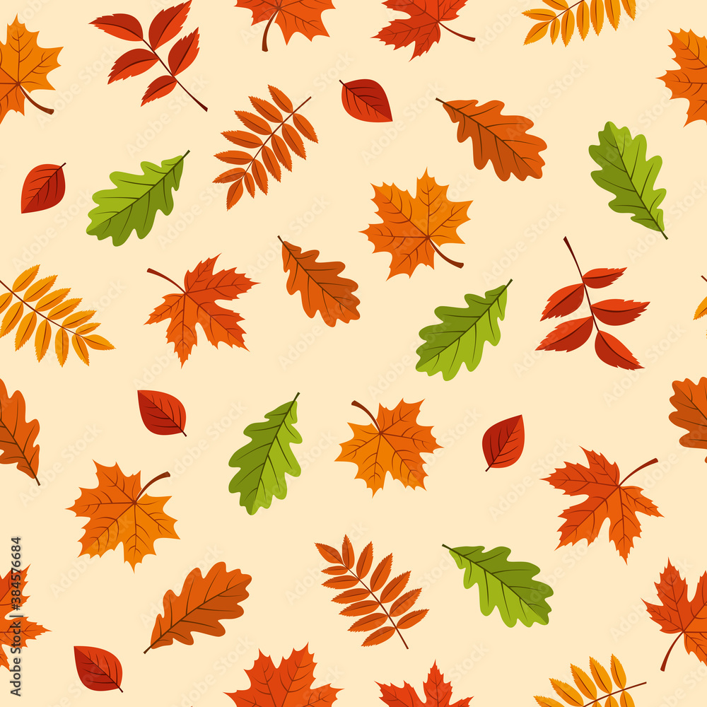 Wall mural vector seamless pattern with red, orange, brown and green autumn leaves on a yellow background.