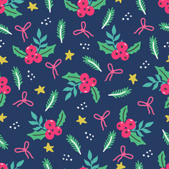 Fototapeta na wymiar Christmas floral seamless pattern with flower, leaf, berries. Hand drawn style illustration. Winter holiday background for wallpaper, textile, fabric design.