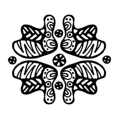 Isolated black and white flower consisting of Doodle elements. Striped, rounded shapes, dots and lines. The design element can be used as a stamp, logo, or business card. Stock vector illustration