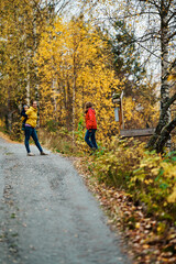 Mother, brother and sister are walking in the beautiful autumn forest. Viivis and strong colors. Shot in Gol, Hallingdal, Norway